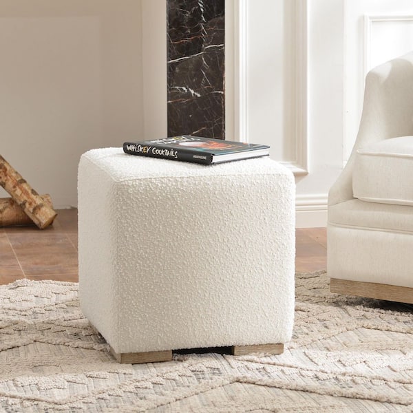 White Boucle Upholstered Square Ottoman with Solid Wood Legs