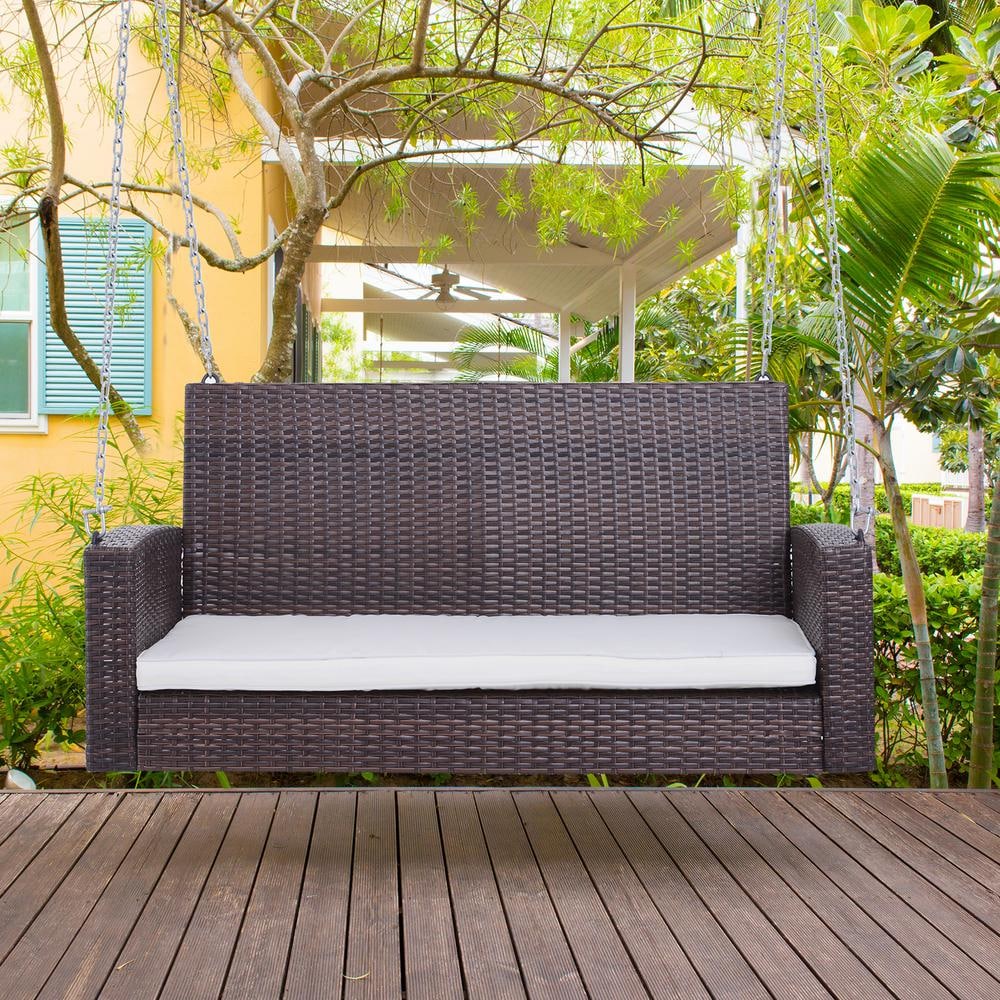 Brown Wicker 2-Person Outdoor Hanging Swing Bench with Cushions