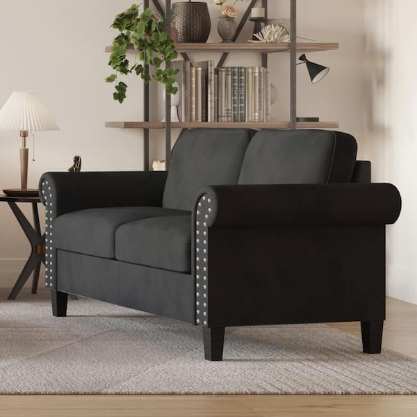 NEW CLASSIC HOME FURNISHINGS New Classic Furniture Alani 58 in. Black Polyester 2-Seater Loveseat with Nail Head Trim