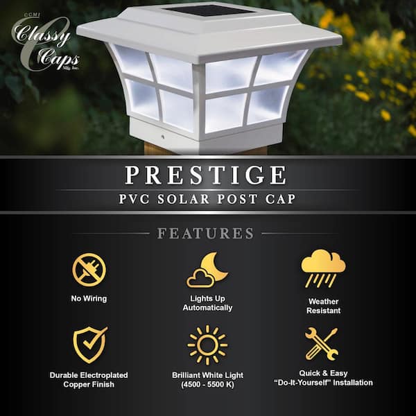 CLASSY CAPS Prestige 4 in. x 4 in. Outdoor White Vinyl LED Solar Post Cap (2-Pack)