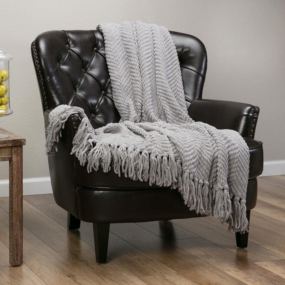 Silver Throw CHANASYA Textured Knit Silver Acrylic Polyester Throw Blanket with ...