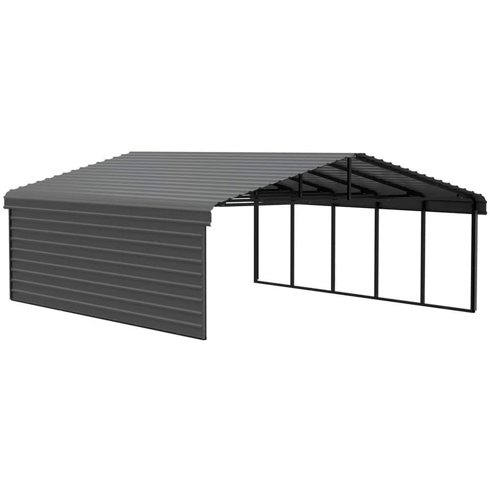 Arrow 20 Ft W X 24 Ft D X 7 Ft H Charcoal Galvanized Steel Carport With 1 Sided Enclosure 4524