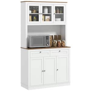 White 71 in. Tall 2-Drawers 5-Doors Kitchen Pantry Storage Cabinet with Microwave Stand, Adjustable Shelves Glass Doors