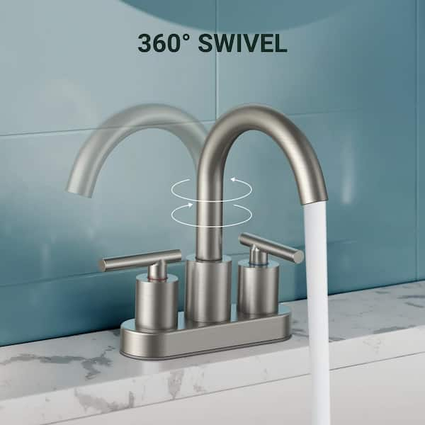 4 in. Centerset Double Handle Low Arc Bathroom Faucet with Pop-up Drain Included in Brushed Nickel