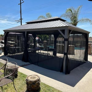 12 ft. x 20 ft. Light Gray Aluminum Power-Coated Frame Galvanized Steel Double Roof Hardtop Gazebo,Hooks Netting Curtain