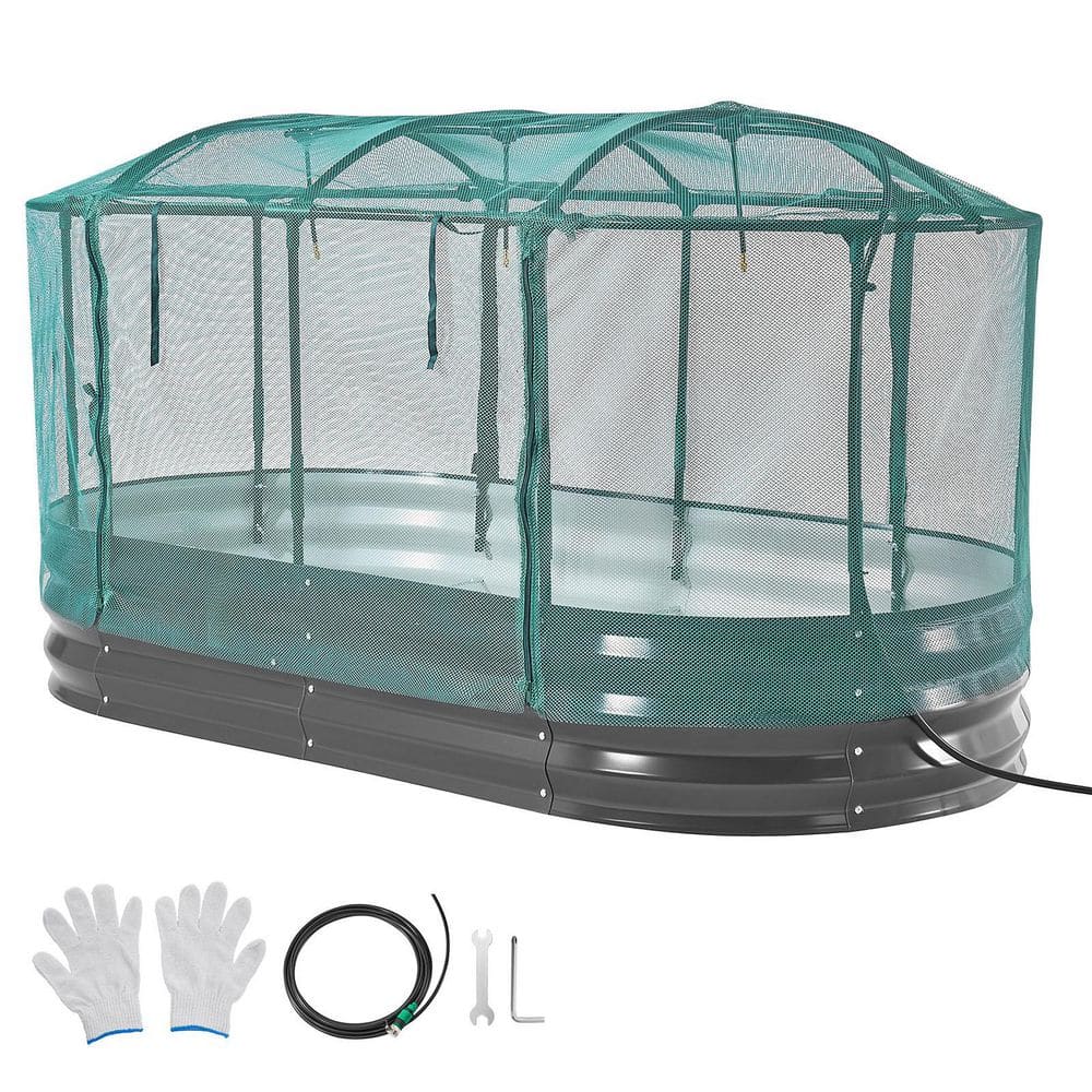 Galvanized Raised Garden Bed, 6 x 3 x 1 ft., Oval Metal Planter Box with Self Watering System and Mesh Cover, Dark Gray