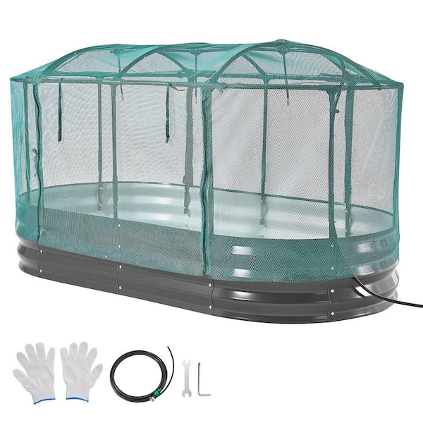 Galvanized Raised Garden Bed, 6 x 3 x 1 ft., Oval Metal Planter Box with Self Watering System and Mesh Cover, Dark Gray