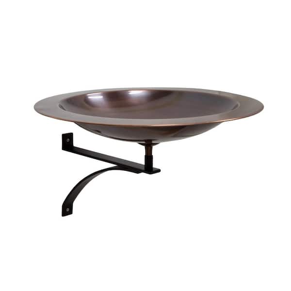 18 in. Dia Round Antique Finished Brass Classic Copper Birdbath w/Black Wrought Iron Wall Mount Bracket