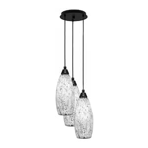 Savannah 15.25 in. 3-Light Matte Black Cord Pendant Light Black Fusion Glass Shade