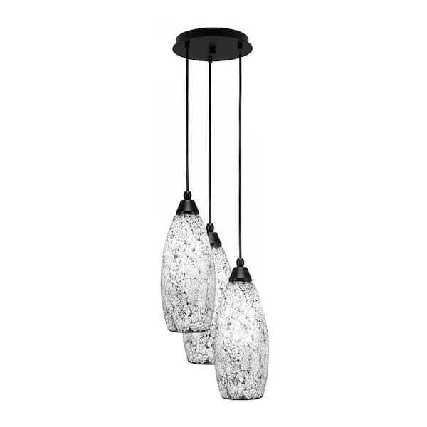 Unbranded Savannah 15.25 in. 3-Light Matte Black Cord Pendant Light Black Fusion Glass Shade