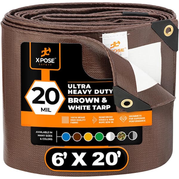 Heavy-Duty Brown White Poly Tarp 6 ft. x 20 ft. Multi-Purpose Protective Cover Durable Extra Thick 20 Mil Polyethylene