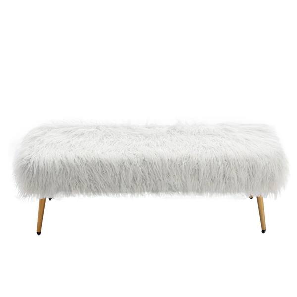 ZIRUWU White Bench Faux Fur Plush Ottoman Bench Modern Fluffy Upholstered Bench 16.54 in. x 47.24 in. x 15.35 in.