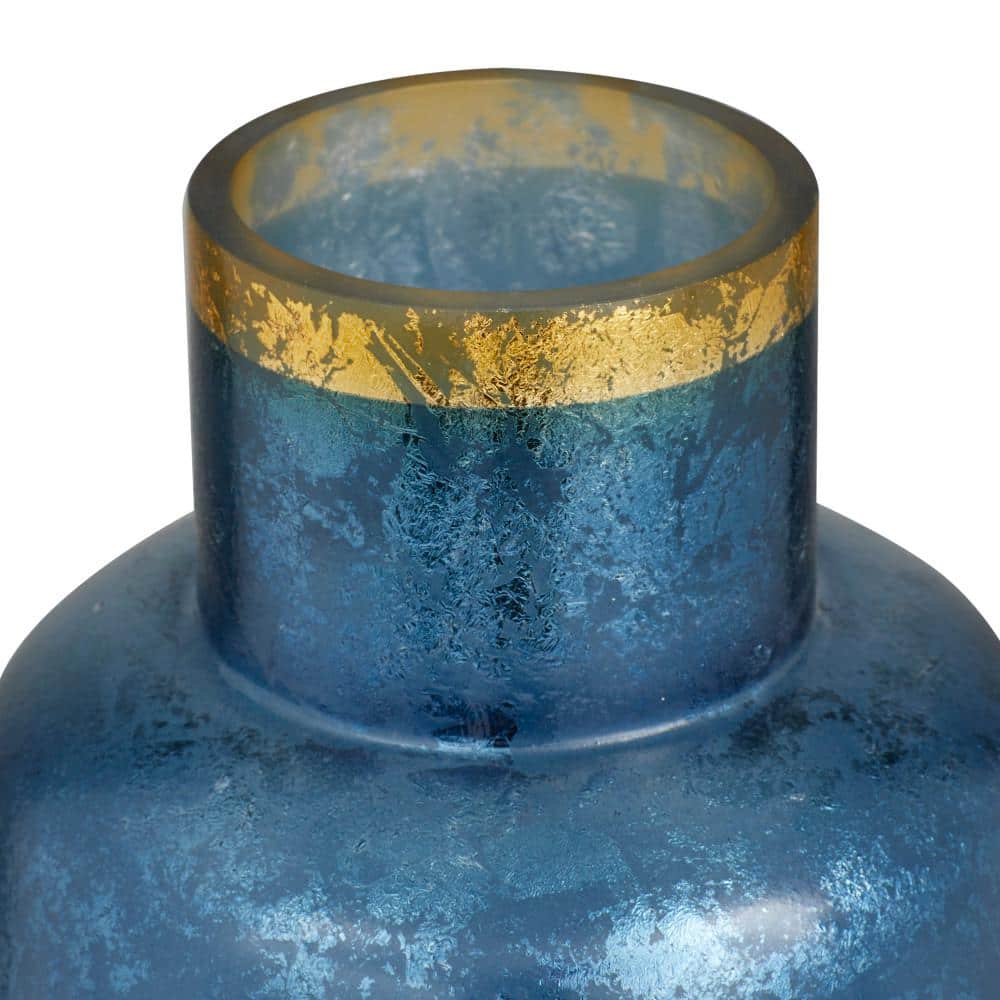 Elegant Blue and Silver-White Glass Vase with Gold Rim Accent, 14"