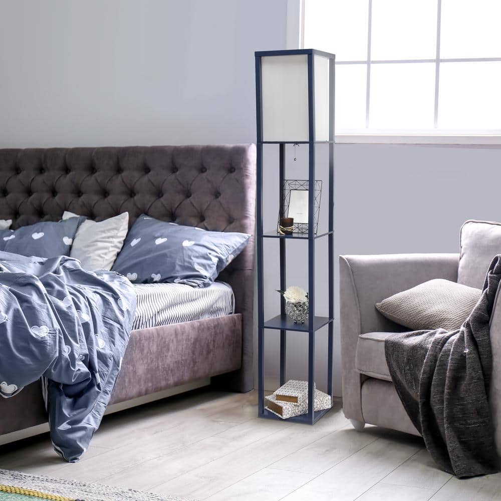 Navy Linen-Shade Floor Lamp with Organizing Storage Shelf