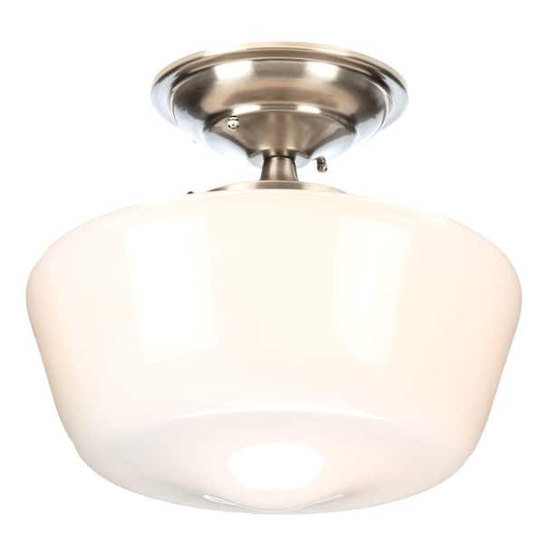 World Imports Luray 12 in. 1-Light Brushed Nickel Semi-Flushmount with Schoolhouse White Glass Shade