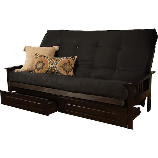 85 in. Espresso/Suede Black Polyester Upholstered Queen Size Futon Set with Mattress and Storage Drawers