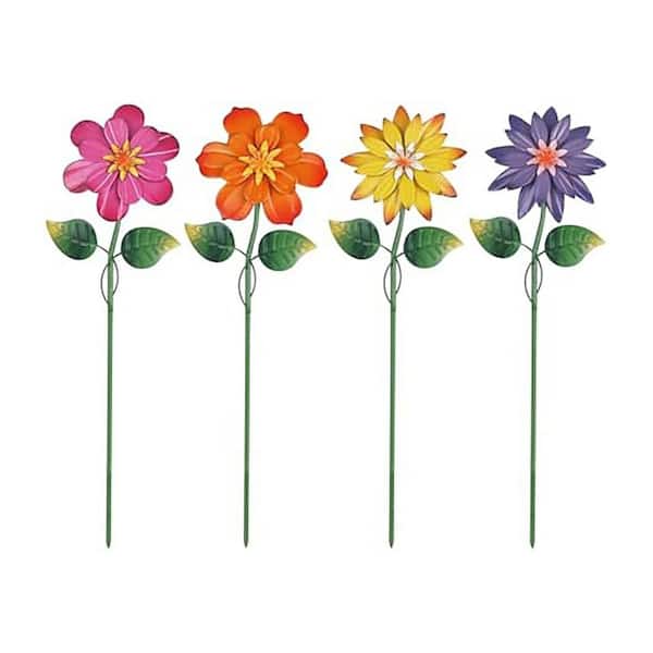 19 Inch Pink Yellow Purple Orange Metal Flower Decorative Garden Stakes Outdoor Shaking Yard Art 4 Pack