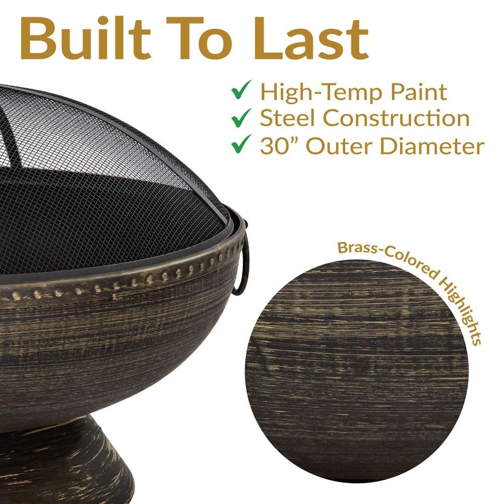 30" Black and Bronze Steel Wood-Burning Fire Pit with Screen and Poker