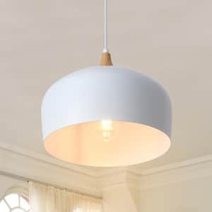 60 -Watt 1-Light White Pendant Light with Dome Wood Color Shade, No Bulbs Included