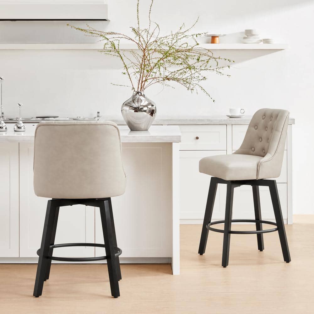 Beige Faux Leather Swivel Counter Height Barstools with Black Wood Legs, Set of 2