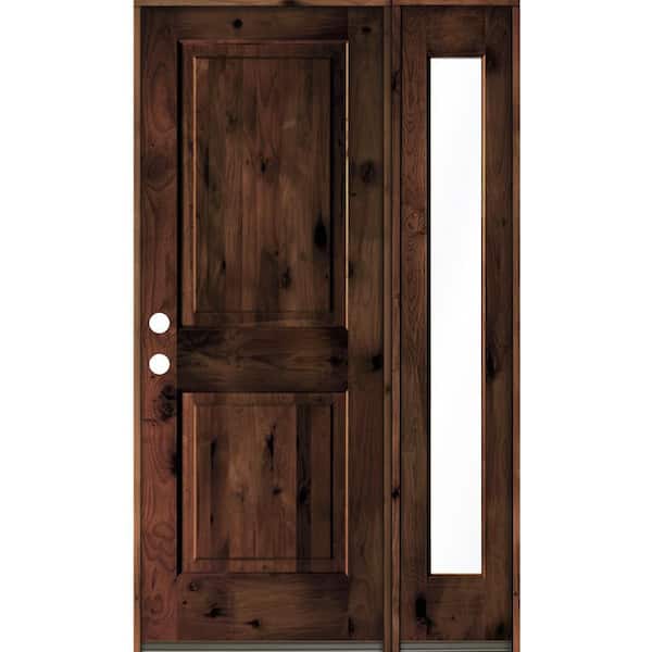 Krosswood Doors 44 in. x 80 in. Knotty Alder Square Top Right-Hand/Inswing Clear Glass Red Mahogany Stain Wood Prehung Front Door w/RFSL