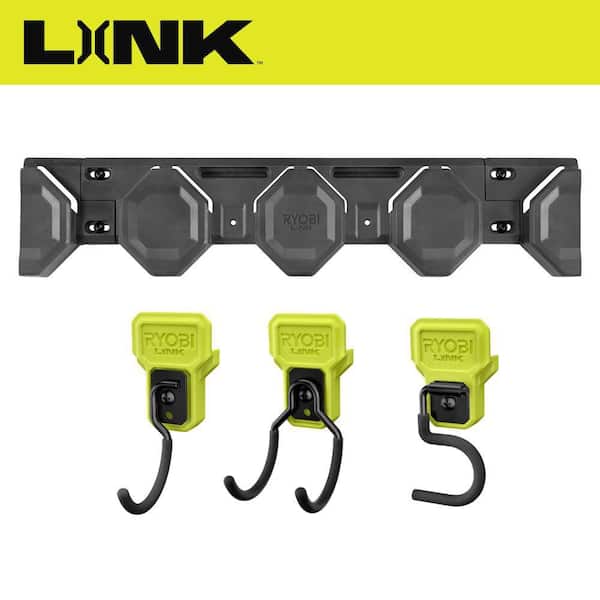 LINK Wall Storage 6-Piece Kit w/ (1) 16in. Wall Rail, (2) Endcaps, (1) Rev. Tool Hook, (1), Rev. S Hook, (1) Rev. J Hook