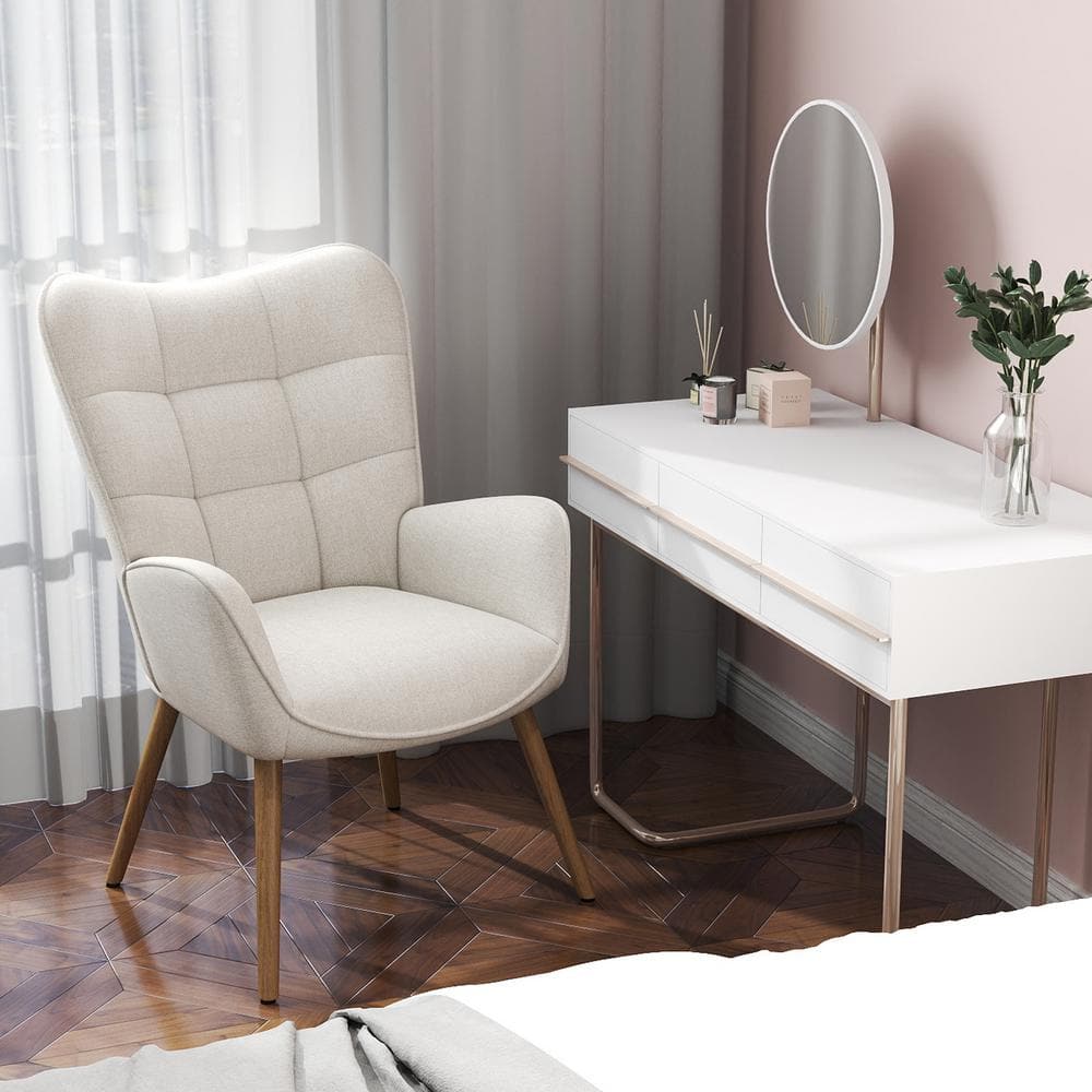KANYAN Modern Wingback Vanity Stool with Skin-Friendly Fabric, Sturdy Metal Frame, Oak Legs, Adjustable Foot Pad, Beige