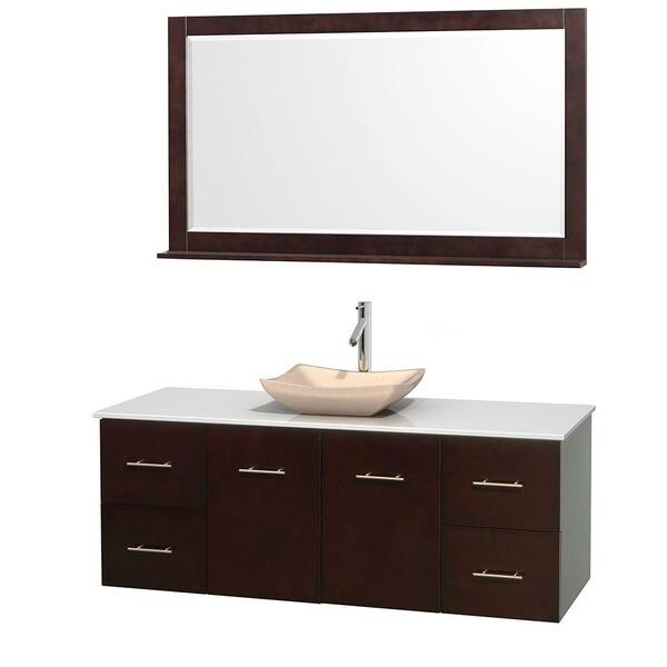 Wyndham Collection Centra 60 in. Vanity in Espresso with Solid-Surface Vanity Top in White, Ivory Marble Sink and 58 in. Mirror