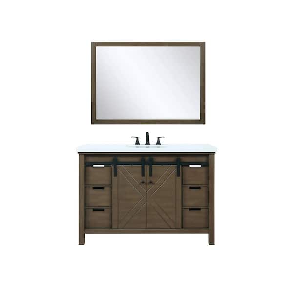 Lexora Marsyas 48 in W x 22 in D Rustic Brown Bath Vanity, White Quartz Countertop, Faucet Set and 44 in Mirror