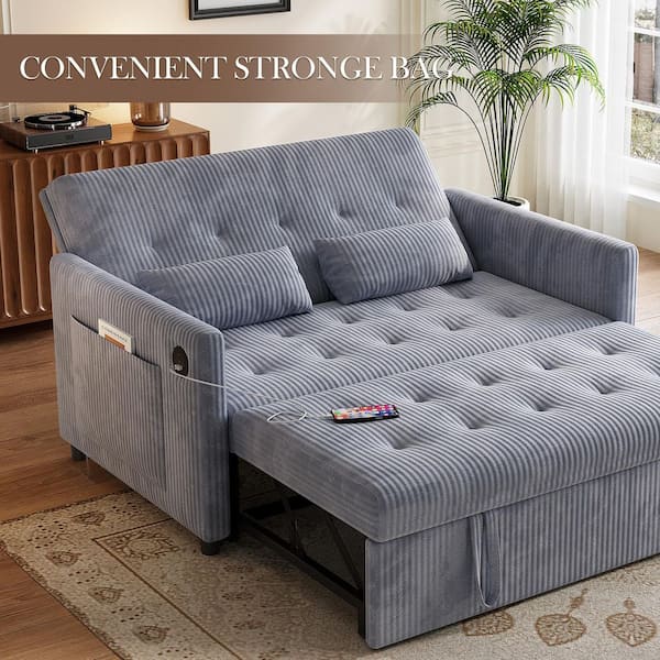 Sleeper Sofa Couch W/Pull Out Bed, 53 in. Modern Velvet Convertible Sleeper Sofa Bed, 2-Seater Seat Sofa Bed, Gray