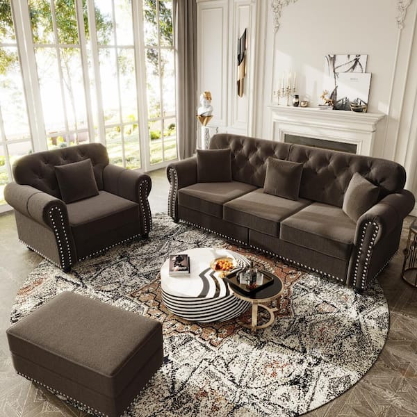 Qualler Brown 3-Piece Velvet Upholstered Tufted Sofa Set with Ottoman, Nailhead Trim and Pillows BFSF00391P