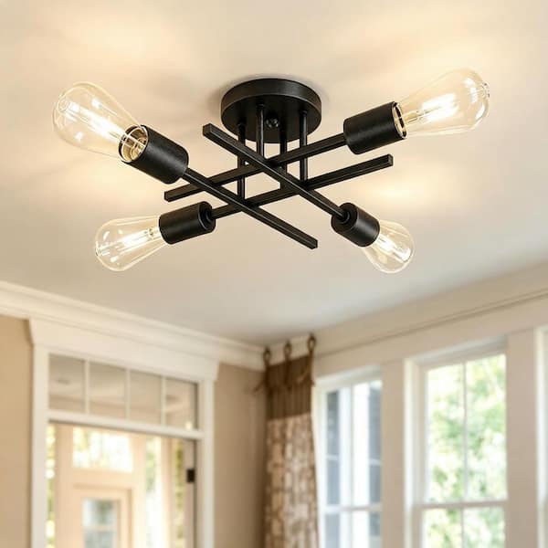 16 In. Black Farmhouse Semi-Flush Mount Ceiling Light Fixtures Modern Sputnik Chandelier for Kitchen Bedroom Dining Room