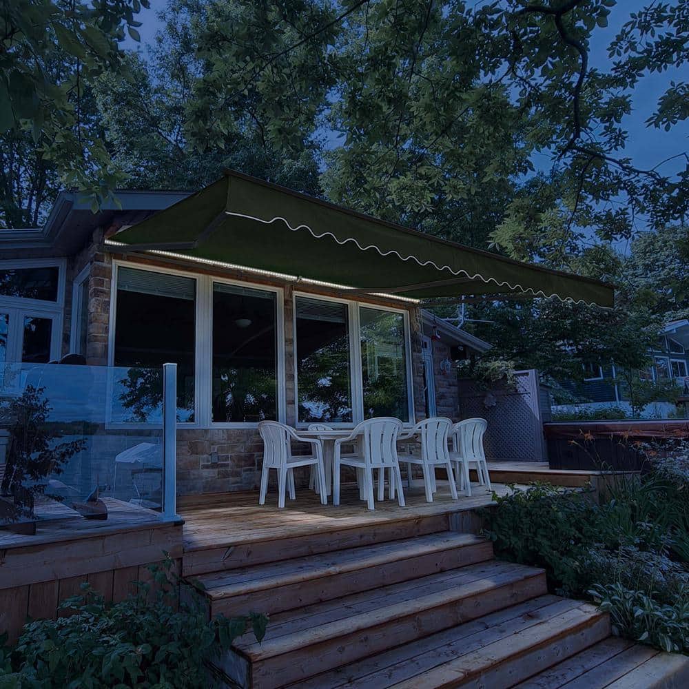 Forest Green Motorized Retractable Patio Awning with LED Lights