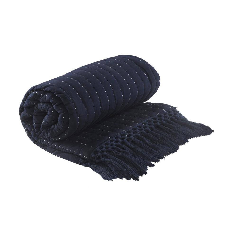 Navy and Off-White Organic Cotton Reversible Throw Blanket