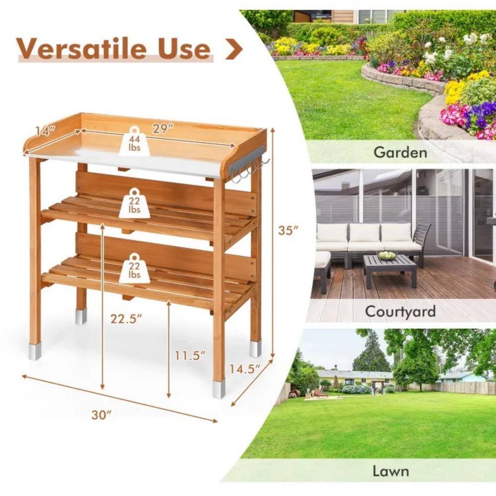 Natural Fir Wood Potting Bench with Galvanized Steel Top