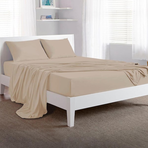 Basic 4-Piece Bed Sheet Set Polyester Lightweight Breathable Sheets Medium Beige Full