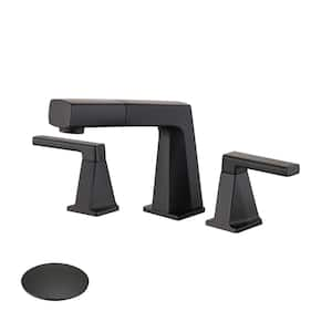 8 in. Widespread 2-Handles Pull Out Bathroom Faucet with Pop-Up Drain Kit in Matte Black