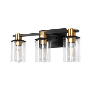 18 in. 3-Light Black Vanity Light with Ribbed Glass Shades and Adjustable Swivel Arms