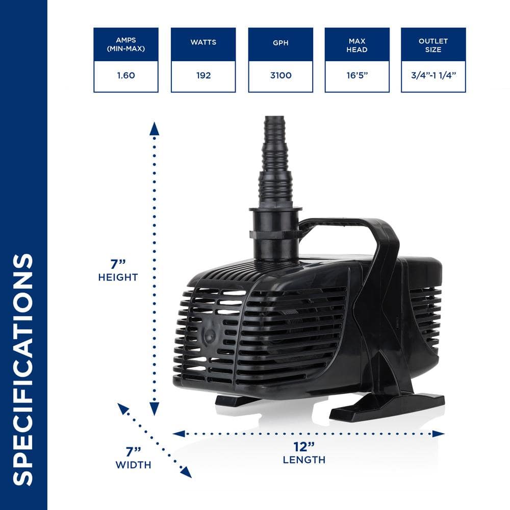 Black Submersible Water Pump with 33' Cord for Fountains & Ponds