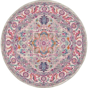 Passion Light Grey/Pink 4 ft. x 4 ft. Persian Medallion Transitional Round Area Rug