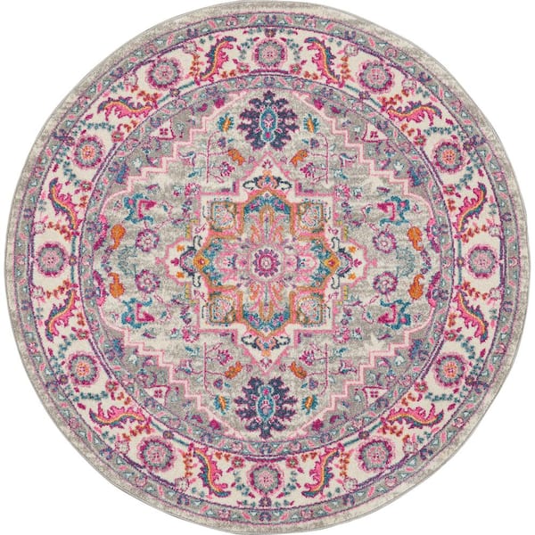 Nourison Passion Light Grey/Pink 4 ft. x 4 ft. Persian Medallion Transitional Round Area Rug