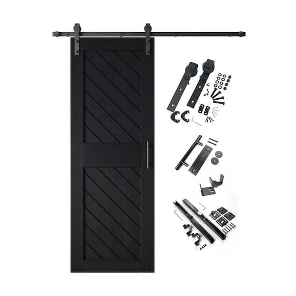 XT2 26 in. x 84 in. C-Panel Black Slanted Stripe Design Solid Pine Wood Sliding Barn Door with Hardware Kit