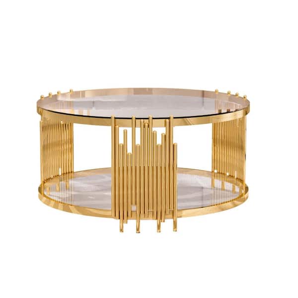 35 in. Clear Round Glass Coffee Table with Tempered Glass&Gold Legs, 2-Tier Stainless Steel Center Table for Living Room