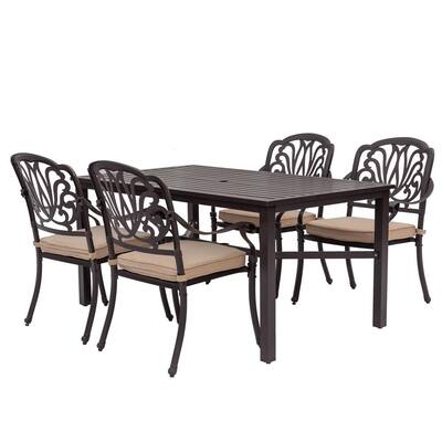 Dack Brown 5-Piece Aluminum Rectangle Table & Stackable Chairs Outdoor Dining Set with Khaki Cushions and Umbrella Hole