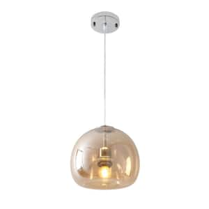 1-Light Chrome Globe Adjustable Hanging Pendant Light with Amber Class Shaded for Living Room, No Bulbs Included