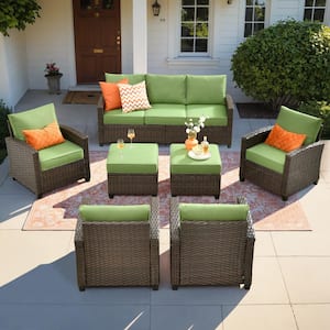 Solidago Brown 7-Piece Wicker Outdoor Patio Conversation Seating Set with Green Cushions