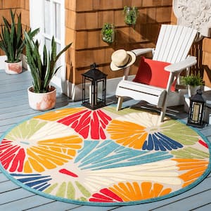 Cabana Ivory/Blue 7 ft. x 7 ft. Abstract Floral Indoor/Outdoor Patio  Round Area Rug