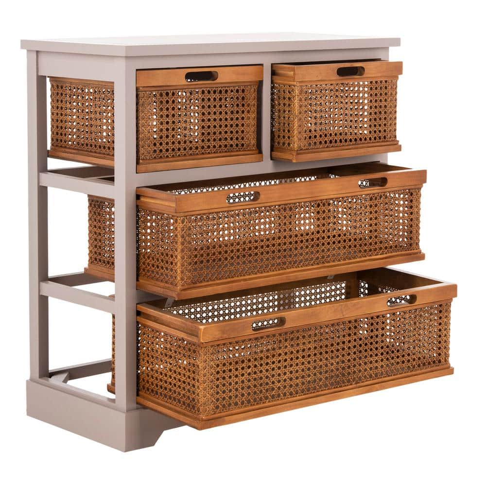 Transitional White Pine 4-Drawer Storage Cabinet with Cane Baskets