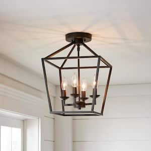 Weyburn 16.5 in. 4-Light Bronze Farmhouse Semi-Flush Mount Ceiling Light Fixture with Caged Metal Shade