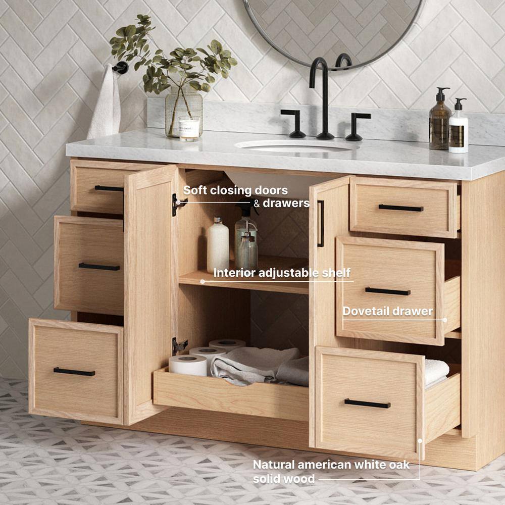 Kelly 55" White Oak Single Sink Vanity with Marble Top